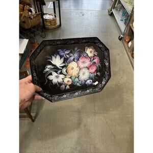 Antique Floral Tole Tray – Hand Painted Metal Vanity Wall Mail Drop VTG